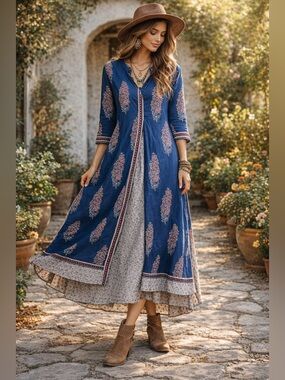 Boho Block Print Cotton Dress w/ Overlay Panel Navy Floral | Small